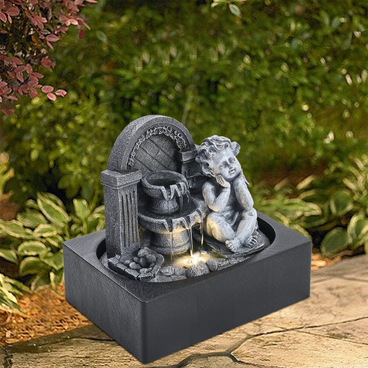 Grey Tabletop Resin Cherub Fountain with LED Light Indoor - House Comfort